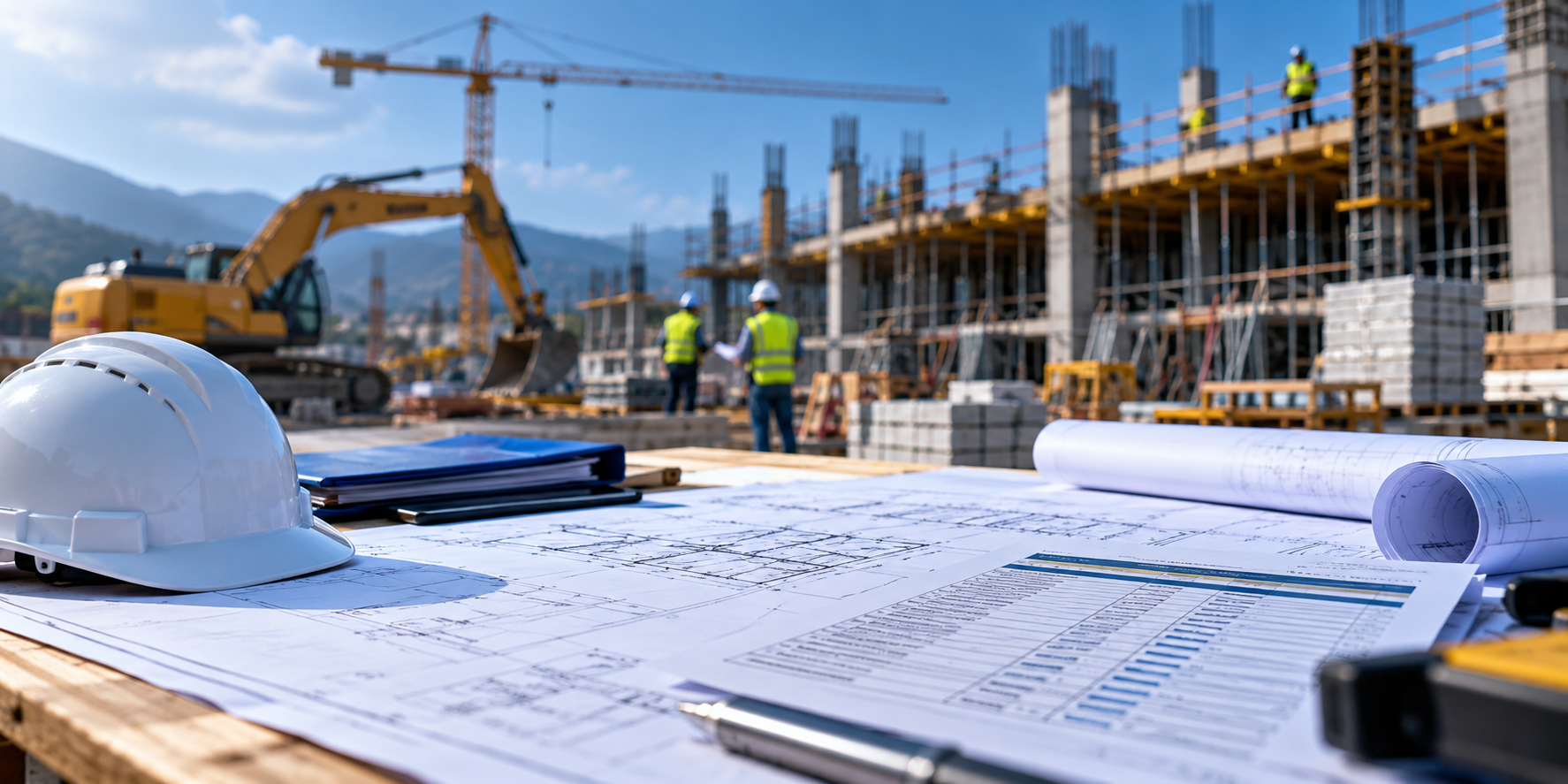 Cantiere edile con progetti e gru consorzio stabile consorziata esecutrice
